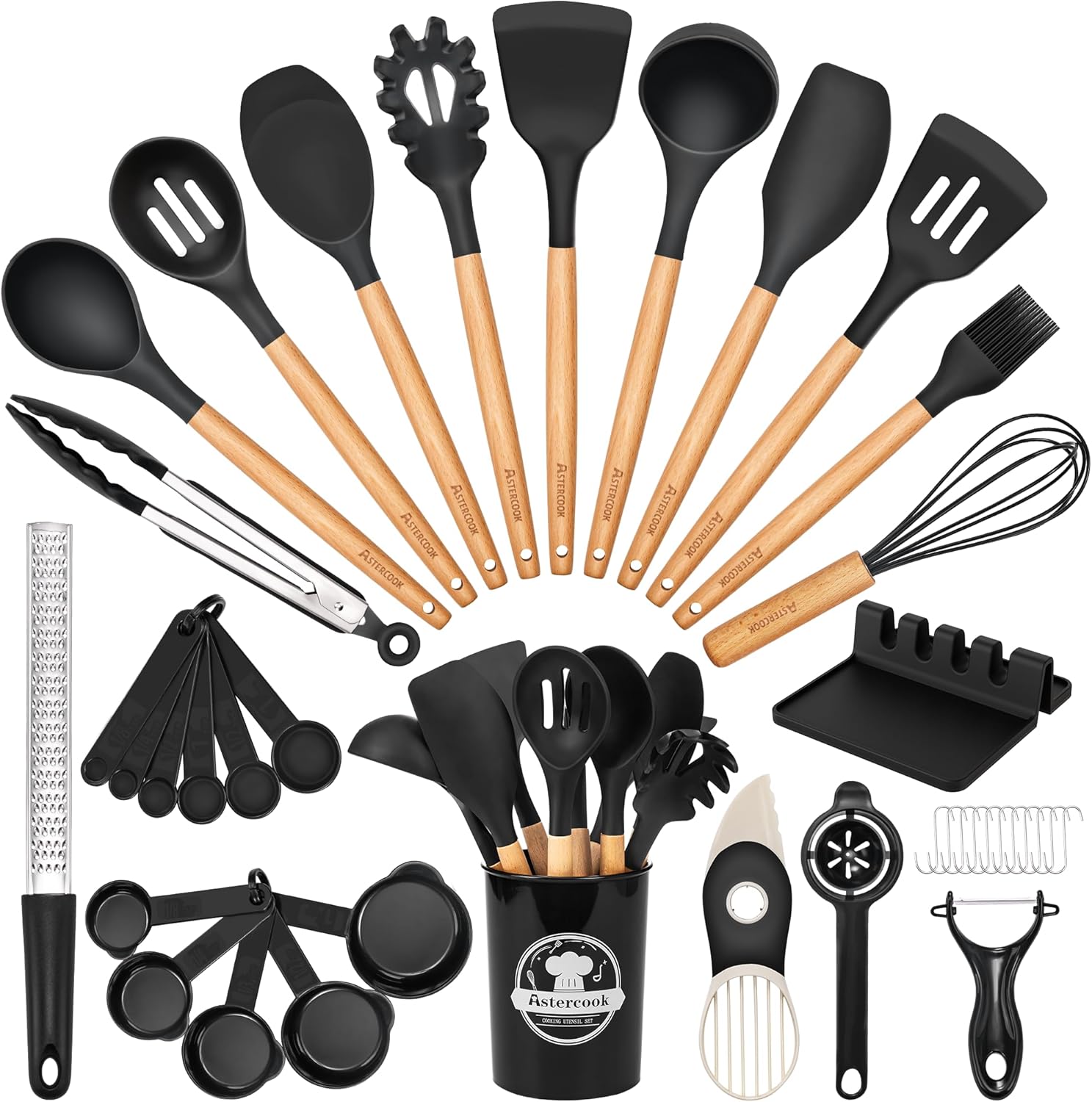 Astercook 39-piece silicone kitchen utensil set with wooden handles