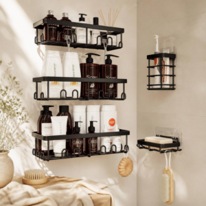 Adhesive shower organizer holding shampoo, soap, razors, and everyday shower essentials in a clean neutral bathroom.