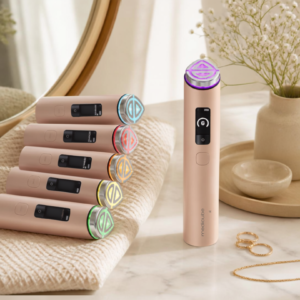 Medicube Booster Pro X2 skincare device displayed with skincare products on a clean neutral vanity.