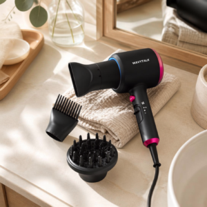 Wavytalk professional hair diffuser being used to style curly hair in a bright bathroom.
