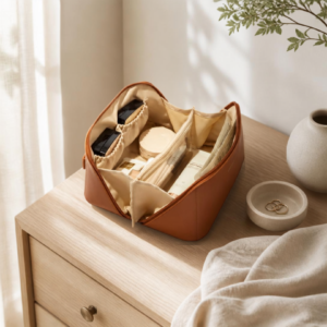 EACHY cosmetic travel organizer filled with makeup, skincare products, brushes, and beauty essentials.