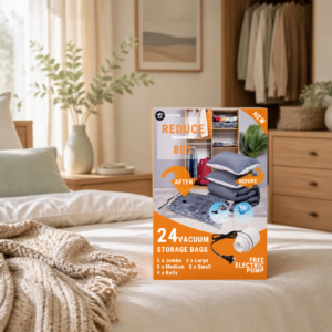 Vacuum storage bags with an electric pump compressing clothing and blankets for organized closet storage.