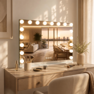 ROLOVE Hollywood vanity mirror with built-in lights displayed above a makeup vanity with beauty products.