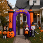 Large Halloween inflatable skull archway framing a front walkway