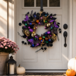 Black and purple Halloween wreath styled on a front door