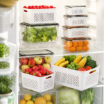 Fruit storage containers organizing fresh produce on refrigerator shelves