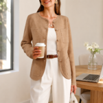 Woman wearing a sweater blazer with tailored pants in a polished fall work outfit
