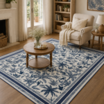 Washable French toile area rug styled in a warm living room