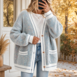 Woman wearing a cardigan with a simple top and jeans in a warm fall setting