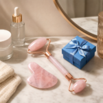 Face roller and gua sha tool set arranged beside simple skincare