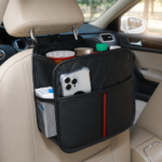 Back-seat car organizer holding everyday travel items in a tidy vehicle interior