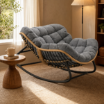 Papasan rocking chair styled in a cozy reading corner