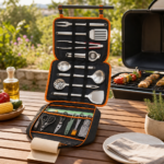 Camping utensil set arranged beside a simple outdoor cooking setup