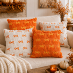 Fall throw pillow covers styled on a warm neutral sofa