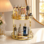 Rotating makeup organizer holding everyday beauty products on a tidy vanity