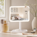 Rechargeable vanity makeup mirror used in a clean getting-ready setup