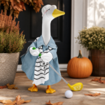 Fall golfer outfit styled on a decorative porch goose