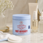 Hydrating facial pads arranged beside simple skincare products