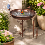 Decorative metal bird bath styled in a small garden corner