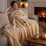 Heated blanket used on a cozy sofa in a warm living room