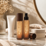 Serum spray arranged in a simple skincare routine setup