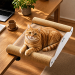 Cat resting in a desk bed beside a tidy home-office workspace