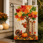 Welcome fall garden flag styled near a simple front porch