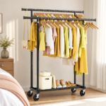 Double-rod clothes rack organized with everyday clothing in a tidy room