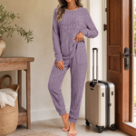 Woman wearing a ribbed two-piece lounge set in a casual everyday setting