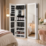 LED mirror jewelry cabinet styled in a tidy bedroom