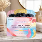 Under-eye patches arranged in a simple skincare setting