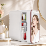 Mini skincare fridge styled on a clean vanity beside skincare products