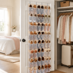Over-the-door shoe organizer filled neatly with shoes in a tidy closet