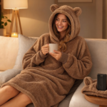 Oversized heated wearable blanket used while relaxing on a cozy sofa