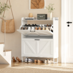Shoe cabinet styled in a tidy entryway with minimal decor