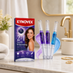 Teeth whitening pen kit arranged on a clean bathroom vanity
