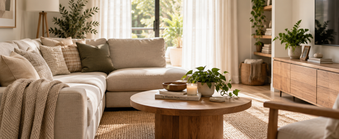 Bright neutral living room with a beige sofa, wooden coffee table, and organized furniture.