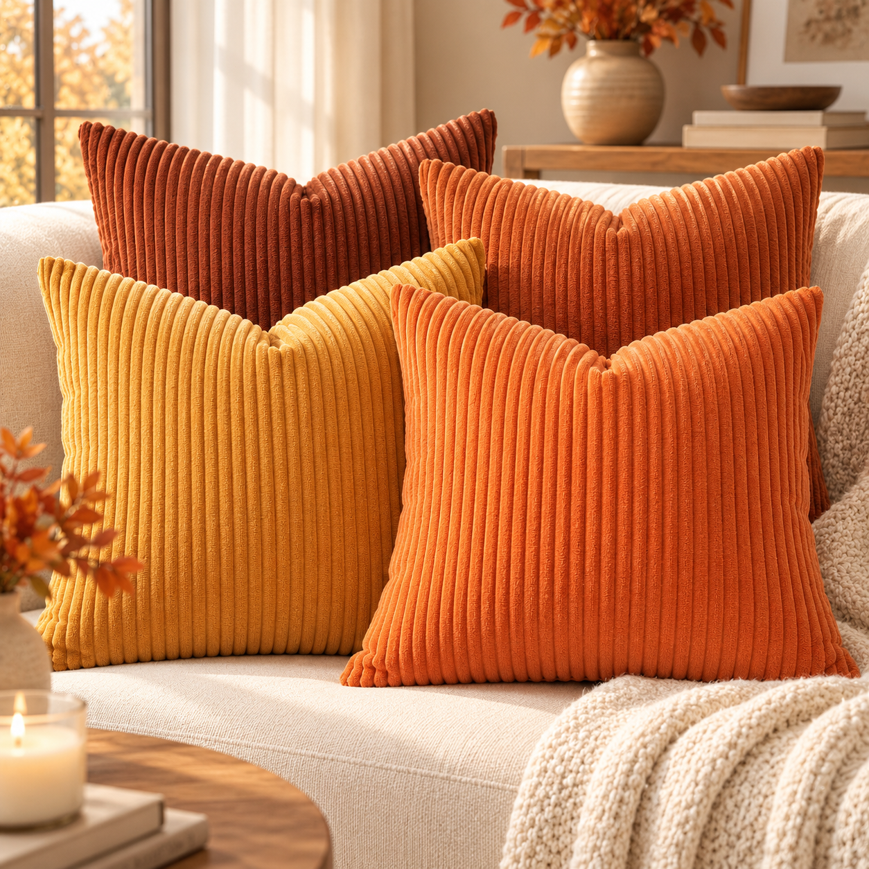 Rust orange corduroy pillow covers for fall home decor
