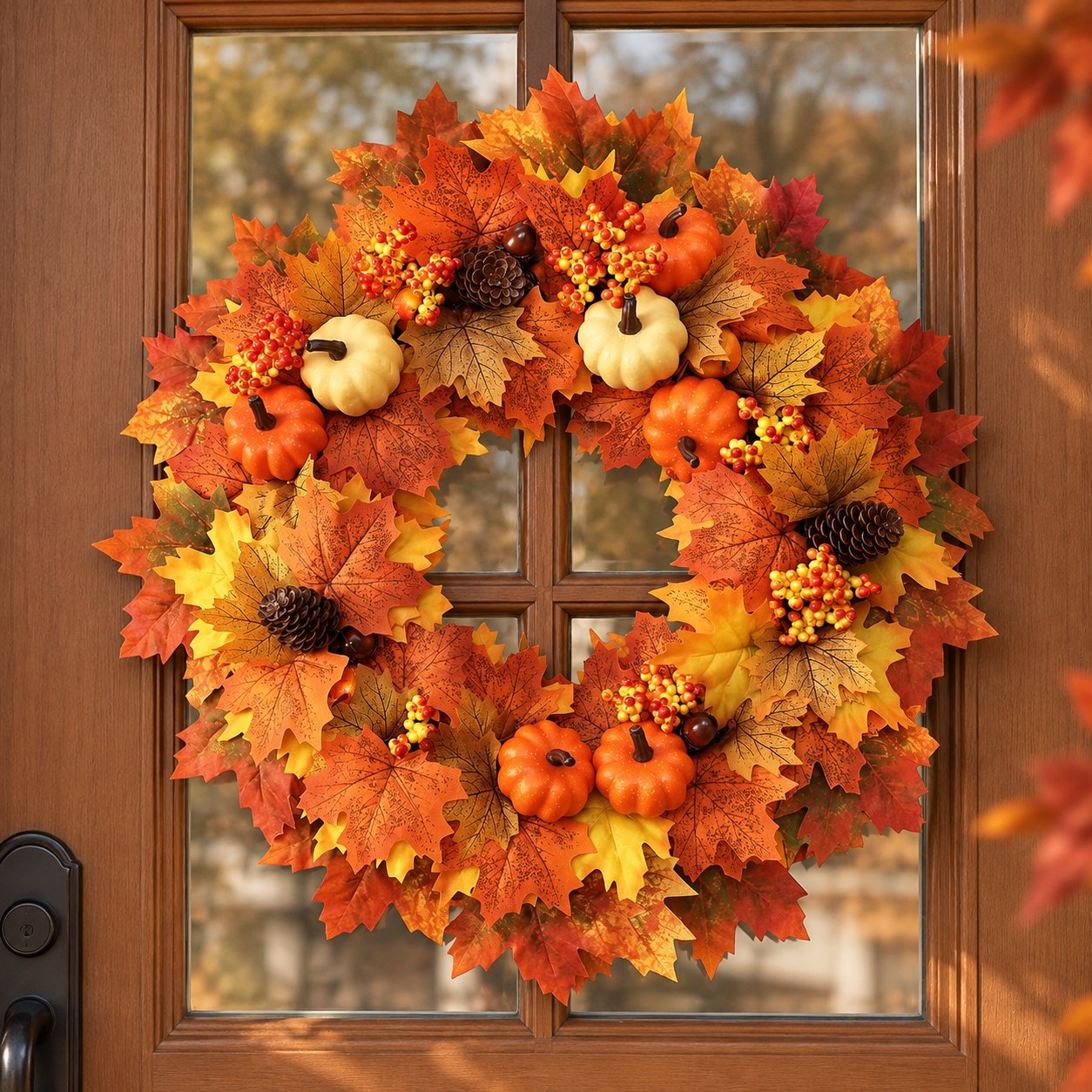 Wironlst fall wreath with maple leaves, pumpkins, and berries